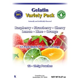 GramZero Variety (Raspberry, Strawberry, Cherry, Lemon, Lime, Orange) Sugar Free Gelatin Mix 12-Pack, Zero Carb Dessert, Stevia Sweetened