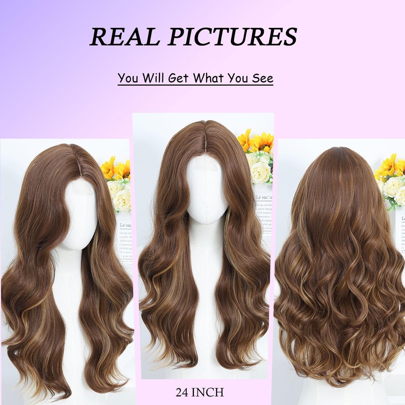 Brown Highlight Lace Front Wig 24 Inch Long Wavy Synthetic