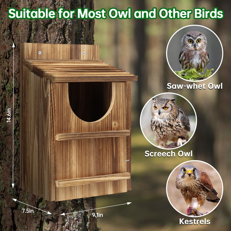 UUMENHA Durable Carbonized Cedar Owl House - 14.5×9×7.5 Inch Weather-Resistant