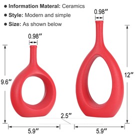 Red Ceramic Hollow Elliptical Vase Set of 2 - Boho Circle Vase with Hole, for Modern Red Table Decor, Living Room Decor Shelf mid Century Modern Home Entrance Decorative vase