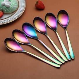Rainbow Menu Spoons, 6 Pack Kyraton 8 Inch Stainless Steel Titanium Coated Rainbow Table Spoon Soup Spoon Cutlery Set Heavy Duty Easy Clean Dessert Spoon Dishwasher Safe