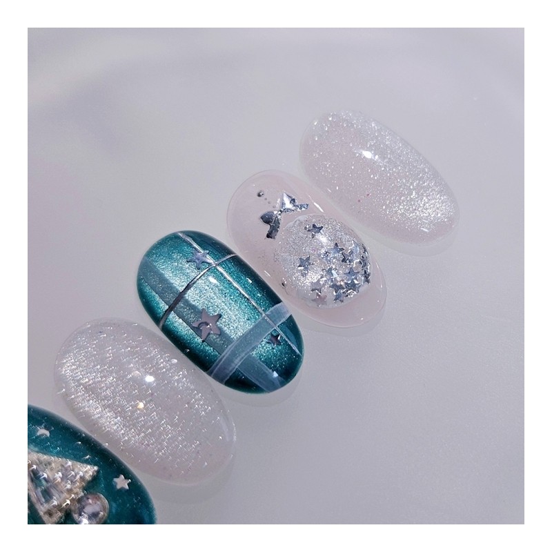 Teal Green Winter Ornament Handmade Nail Tips - Almond Long