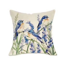 Fahrendom Spring Summer Bluebirds Decorative Throw Pillow Cover 16 x 16, Watercolor Lavender Flower Porch Patio Outdoor Pillowcase, Floral Seasonal Sofa Couch Cushion Case Home Decor