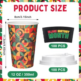 Jingmore 100 Sets Black History Month Disposable Coffee Cups with Lids and Sleeves Paper 12oz Coffee Travel Drinking Cups for Black History Month Party Supplies Family Tableware African Freedom Day