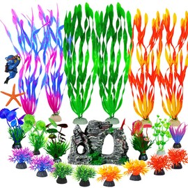 E-TING 23pcs Aquarium Decor Plastic Plants Artificial Fish Tank Plants Decorations Rock Cave Betta Fish Tank Accessories