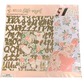 Hello Little Angel Gold Foiled 12x12 Scrapbooking Kit, 31 Pieces, Baby Girl, Baby Shoes, Onesie, Roses, Phrases Elegant Blooms & Things