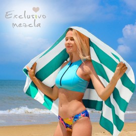 Exclusivo Mezcla Cotton Oversized 35x70 Inches Cabana Stripe Beach Towel, Super Absorbent Soft Plush Pool Bath Towel (Turquoise)