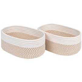 CubesLand Small Storage Baskets for Shelves, Closet Organization Bins Empty Gift Basket 2 Packs Baby Nursery Woven Organizing, Rectangular Clothes Shelves Off White/Mixed Camel