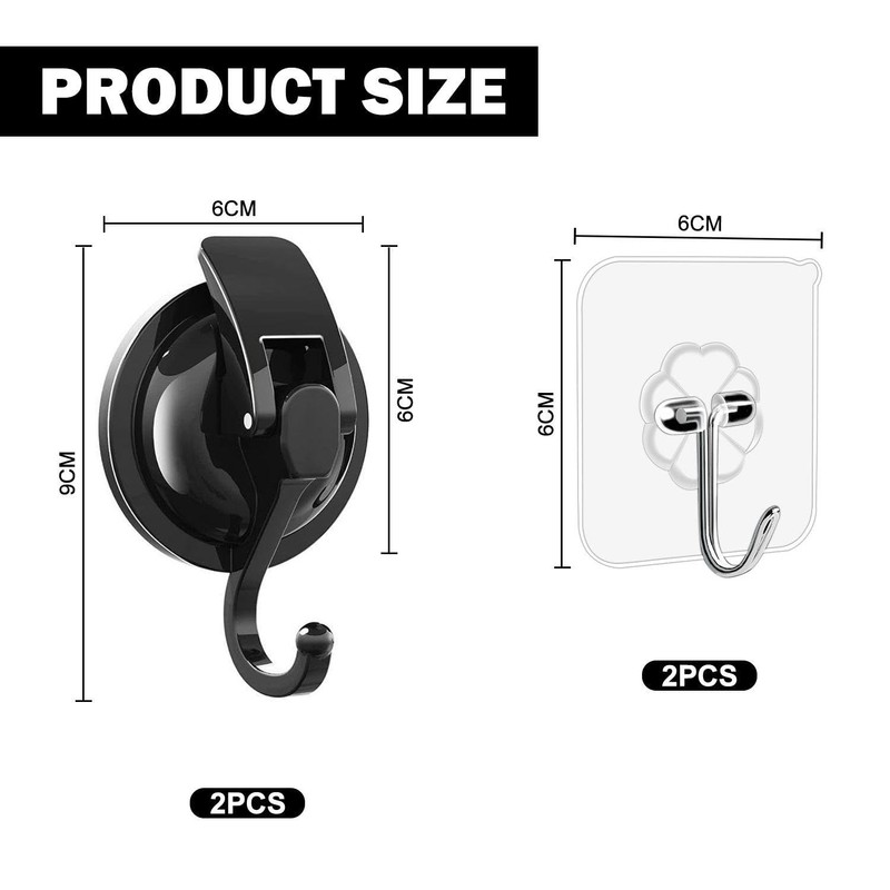 2 Pieces Black Hooks and 2 Pieces Transparent Hooks, Suction