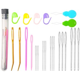 Hekisn 25Pcs Large Eye Blunt Yarn Needles kit, Assorted Sizes Bent Tapestry Darning Needle, Sewing Needles with Needle Threaders & Stitch Markers for Knitting Crochet (Black)