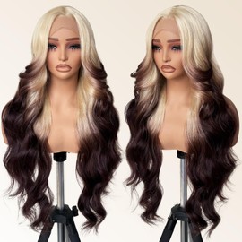 FABÉLLE Ombre Blonde Brown strunk Lace Front Wig Synthetic Blonde Ombre Platinum Highlight Body Wave HD Lace Frontal Glueless Pre Plucked Bleached Knots 30 Inch