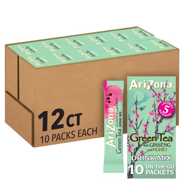 AriZona Green Tea with Ginseng and Honey Naturally Flavored Powdered Drink Mix (120 ct Pack, 12 Boxes of 10 ct On-the-Go Packets)