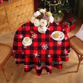 SUMLAND Checkered Christmas Tablecloth Black Red Plaid Table Cloth, Stain Resistance Polyester Winter Xmas Holiday Table Covers for Kitchen Dining,Small Tablecloth for Parties Picnic Round 60 Inch