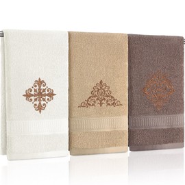 FuWeave 3 Pcs Vintage Damascus Hand Towels Decorative Bathroom Towels Brown Fancy Hand Towels 13.3 x 29.5'' Embroidered 100% Cotton Soft Absorbent Towels for Bathroom Kitchen Decor