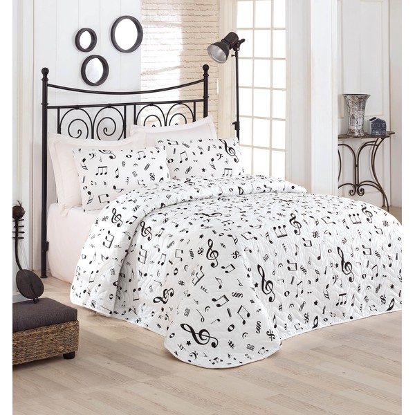 Music Bedding, Full/Queen Size Bedspread/Coverlet Set, Melody Themed, Black and White Girls Boys Bedding, 3 PCS,
