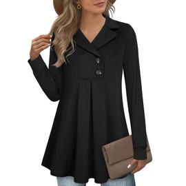 GUUKA Ladies Casual Long Sleeve V Neck Swing Tunic Tops Loose Pleated Pullover Sweatshirt Longline Autumn Jumpers Sweater For Women UK(Black,XL)