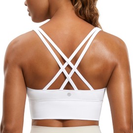 CRZ YOGA Womens Strappy Longline Sports Bra - Medium Impact Criss Cross Yoga Padded Workout Crop Top White Medium