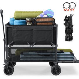 YITAHOME Double-Deck Collapsible Folding Utility Wagon, 400L 47'' Extra-Long Wagon Cart with Large Wheels, Cup Holder, 450lbs Capacity for Sports Gear, Shopping, and Camping (Black)