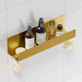 Qeke Shower Caddy, 16" Bathroom Shower Shelf Organizer with 2 Hooks, SUS304 Stainless Steel Floating Shower Shelves with Large Capacity, Rustproof Shower Rack for Inside Shower, Brushed Golden