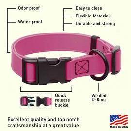 Dogline Biothane Waterproof Dog Collar with Quick Release Buckle Strong Coated Nylon Webbing with Odor- Proof for Easy Care Easy to Clean Fits Small Medium or Large Dogs - Pink 1" Width 15-23" L