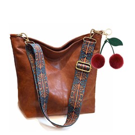 Vegan Leather Crossbody Bag for Women Hobo Bags for Women Guitar Strap Bucket Bags Shoulder Bag with Zipper & Cherry Pendant (Brown)