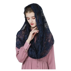 BEAUTELICATE Lace Mantilla Scarf Veil Tulle Stole Black Blue For Women Church Mass Chapel Catholic Bride V115, Infinite Shape - Navy Blue