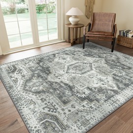 GENIMO 8x10 Area Rugs for Living Room, Machine Washable Low Pile Rugs, Non Slip Vintage Rug for Bedroom, Dining Room, Home Office, Kitchen, Medium Gray