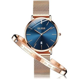 OLEVS Women's Watch 6.5mm Ultra Thin Rose Gold Minimalist Dress Watch Bracelet Set Fashion Quartz Waterproof Ladies Wrist Watch