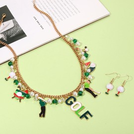 Golf Necklace Earrings for Women Golf Club Flag Tee Putting Green Pendant Necklace Pearl Beaded Golf Choker Necklaces Golf Dangle Earrings Golf Jewelry Accessories Outfits Party Favors Gifts (Style A)