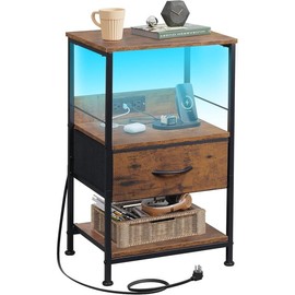 WLIVE Night Stand with Charging Station, LED Nightstand with Adjustable Fabric Drawer, 3-Tier Storage Bedside Table, Furniture Organization - Color: Rustic Brown Wood Grain Print