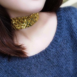 Aneneiceera Punk Gold Sequin Choker Mesh Gothic Wide Choker Nightclub Prom Sparkly Necklace for Women and Girls