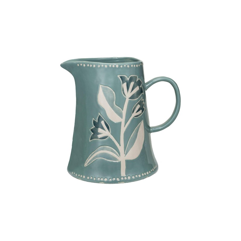 Creative Co-Op Hand-Painted Stoneware Pitcher with Wax Relief Pattern, Blue