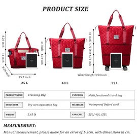 Travel Duffels Bag with Wheels,Travel Bags for Women,Expandable 55L Travel Bag with Wheels,Weekend Bag,Foldable Travel Bag,Rolling Duffle Bag,Carry on Luggage,Gift for Men Women Suitcases (Red)