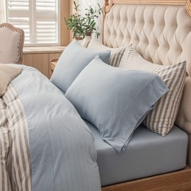 PURE ERA Jersey Knit 4pc Bed Sheet Set 100% T-Shirt Cotton Super Soft Comfy Breathable Fits Mattress Up to 20" Extra Deep Pocket (Solid Light Blue, Queen)