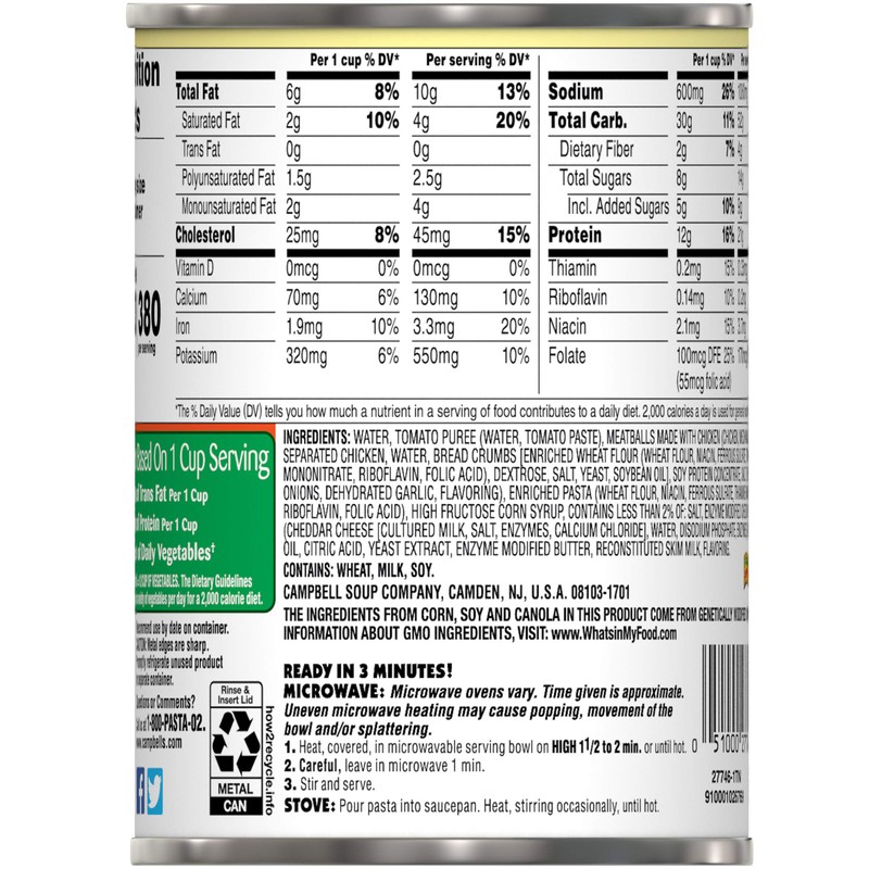 SpaghettiOs Canned Pasta with Chicken Meatballs, Healthy Snack for Kids