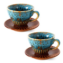 YINUOWEI Tea Cups and Saucers- 4oz Stackable Ceramic Espresso Cups & Cappuccino Cup Set of 2 for Coffee, Latte, and Tea, Durable Glazed Blue Porcelain tea Set & Modern Latte Cup Collection