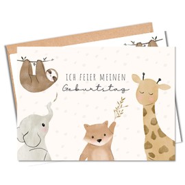 MeinBaby123® 10 Children's Birthday Party Invitation Cards, Boys and Girls Birthday Invitations, Safari Animals, Includes 10 Envelopes, Premium Quality (Cute Animals V2)