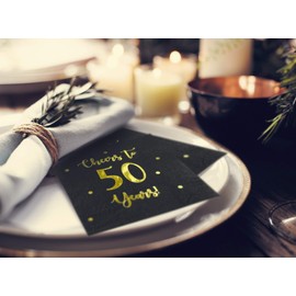 Cheers to 50 Years Cocktail Napkins | Happy 50th Birthday Decorations for Men and Women and Wedding Anniversary Party Decorations | 50-Pack 3-Ply Napkins in Black and Gold | 5 x 5 inch Folded