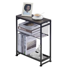 Small Side Table for Small Spaces - Slim End Table with Magazine Holder - 2 in 1 Design Narrow End Table Living Room - Skinny Bedside Table Nightstand Bedroom Thin Side Table (Grey)