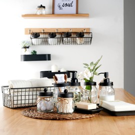 SheeChung 8PCS Bathroom Accessories Set Complete - Soap Dispenser, Mason Jar Toothbrush Holder, 2pcs Qtip Holders, Flower Vase, Soap Holder, Vanity Tray, Toilet Paper Storage, Bathroom Set-Black