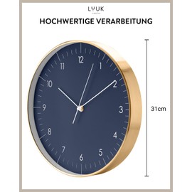 LUUK LIFESTYLE Silent Quartz Wall Clock Non Ticking Minimalist Modern Design for Dining Room Living Room Office Gift in Dark Blue Gold