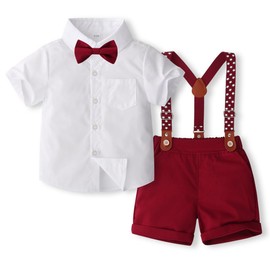 Toddler Boy Outfits Gentleman Short Sleeve Button Shirts+Bowtie+Suspender Shorts Formal Suits(3-4T,Red)