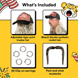 Watt's Wigs - Exotic Tiger Joe Costume Kit, Blonde Mullet Wig with Hat, Clip on Earrings, and Mustache - One Size Fits All