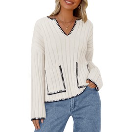 NENONA Women's 2024 V Neck Ribbed Knit Sweaters Striped Color Block Long Sleeve Loose Cozy Pullover Jumper Tops,White,L