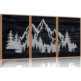 SIKERIC Wood Panel Style Mountain Wall Art, (16X24 inch) Framed Canvas Prints Wall Art Set Of 3, Pine Tree Forest Art Wall Decor, Nature Landscape Wall Art Paintings for Living Room, Bedroom, Office