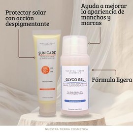 Nuestra Tierra Cosmética Sun Care FPS 50+ UVA/UVB Despigmentante, 100g + Glyco Gel Despigmentante con Ácido Glicólico 10%, 100ml