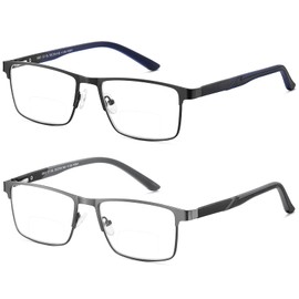 GOGELAS 2 Pack Bifocal Reading Glasses for Men, Blue Light Blocking Computer Readers, Anti UV Metal Frame Eyeglasses with Spring Hinge (+100,Black & Gun Grey)