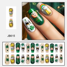 St. Patrick's Day Press on Nails Square Short Length Glossy Full Cover Acrylic Square Shaped False Nails with Clover Designs Artificial Square Fake Nails Glue Stick ons Fingernails for Women（JB615）