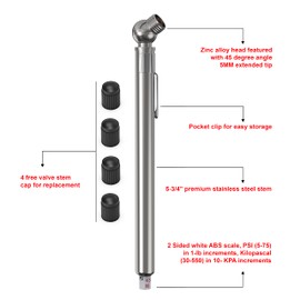 2 Pack - Pencil Tire High Pressure Gauge (10PSI-75PSI) Heavy Duty Stainless Steel Body and All Metal Made Nozzle with 4 Replacement Tire Caps