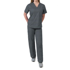 Medgear Womens Scrubs Set Medical Uniform – 4 Pocket Top & Multi-pocket Pants (L, Heather Charcoal)